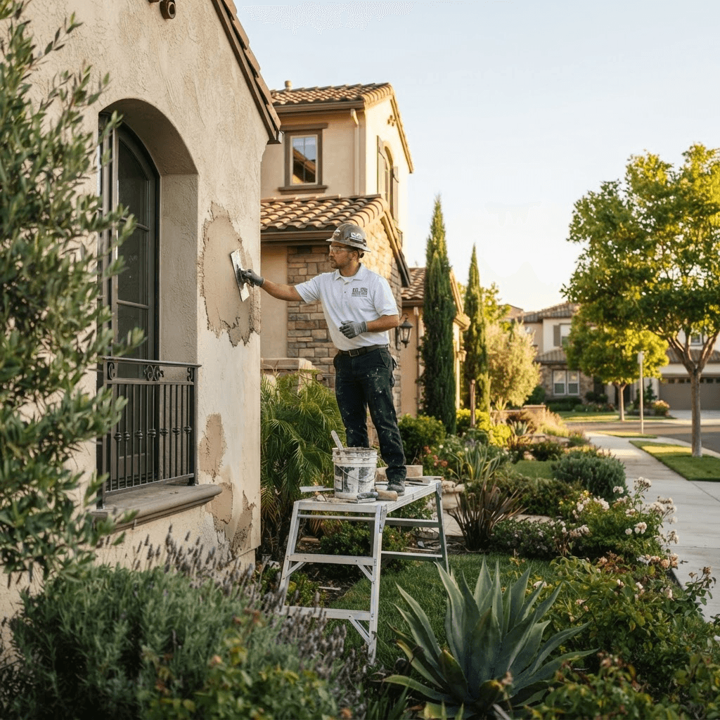 A HomePRO technician repairing stucco on a Sacramento-area home