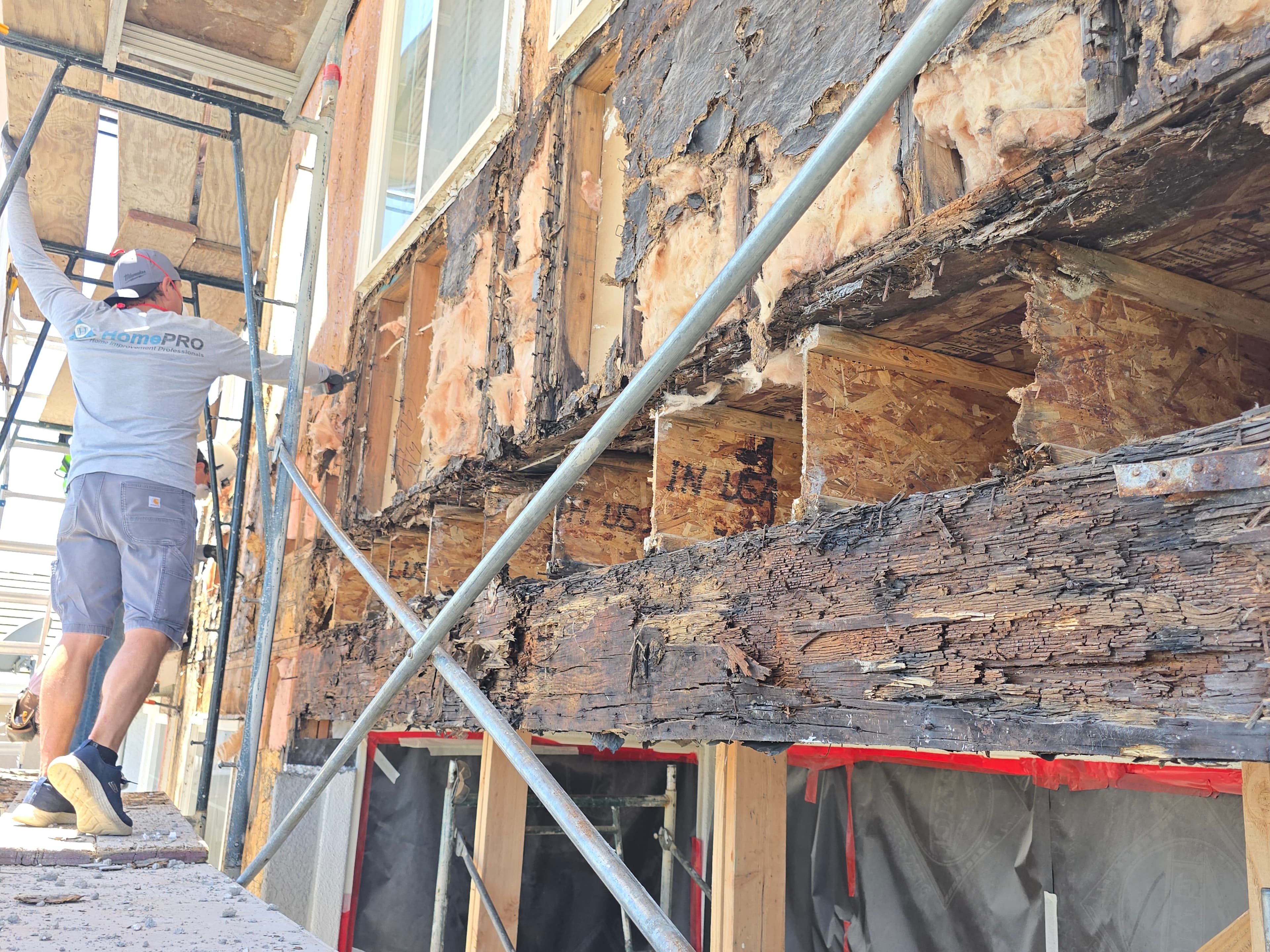 Exterior building wall with significant sections of decayed wood framing and sheathing exposed, revealing pink insulation, as scaffolding stands nearby.